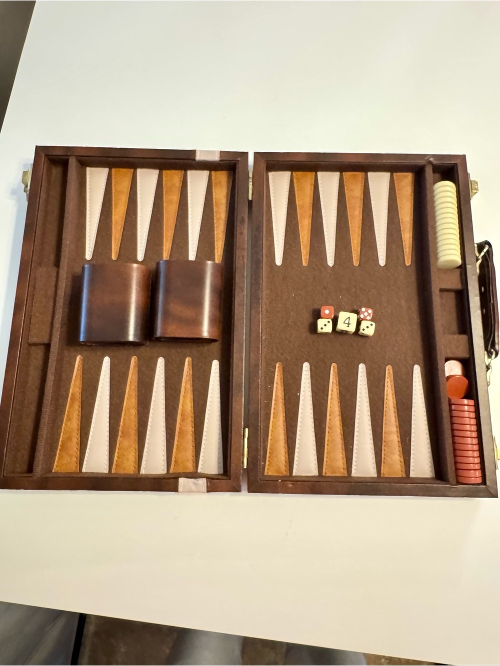 Vintage Classic Brown Leather Backgammon Set with Dice and Checkers